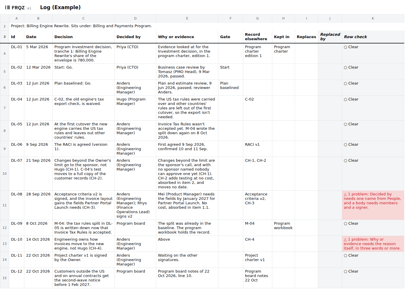 The first tab of the template, filled in