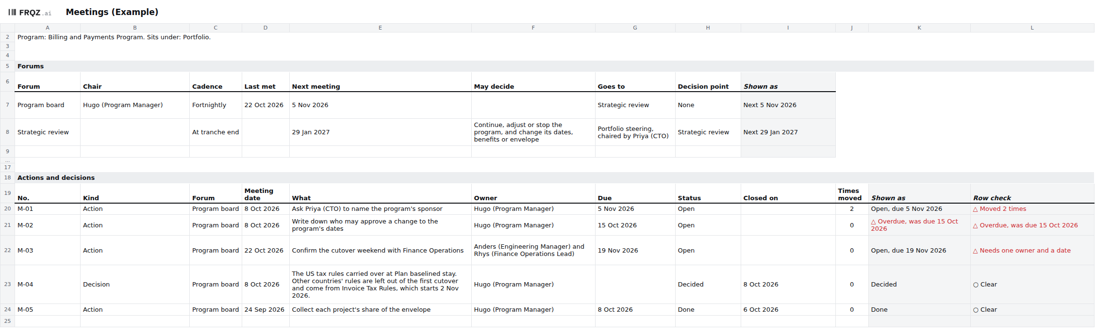 The first tab of the template, filled in