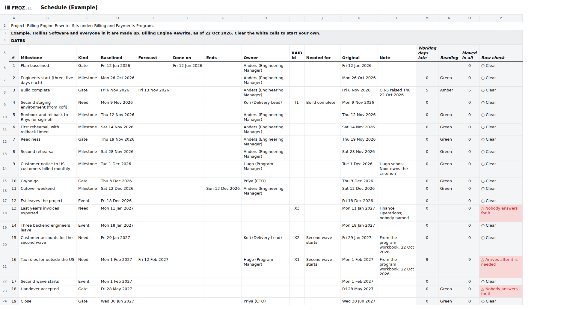 The first tab of the template, filled in